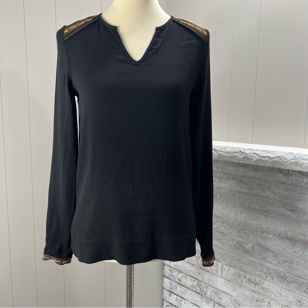 Sezane Black Top Crepe V Neckline Long Sleeve Tan Embroidery Trim Shirt 36 US 4